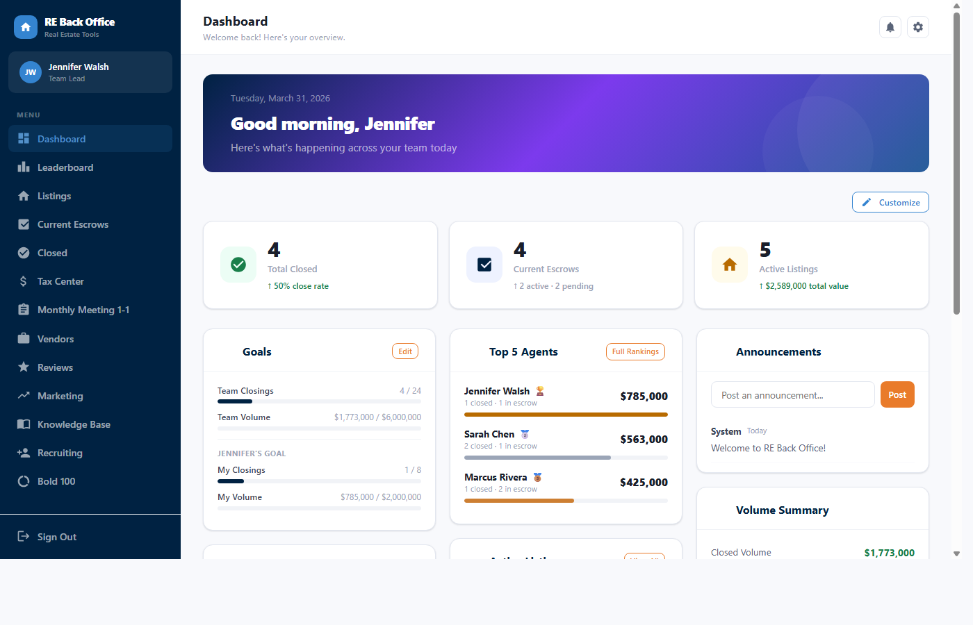 RE Back Office Dashboard